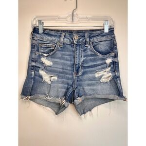 American Eagle High Rise Shortie Stretch Denim Distressed‎ Frayed  Shorts Size 6